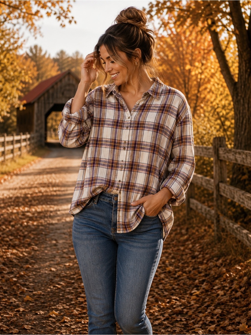 Jachs Plaid Button-Down Shirt in Cream and Brown